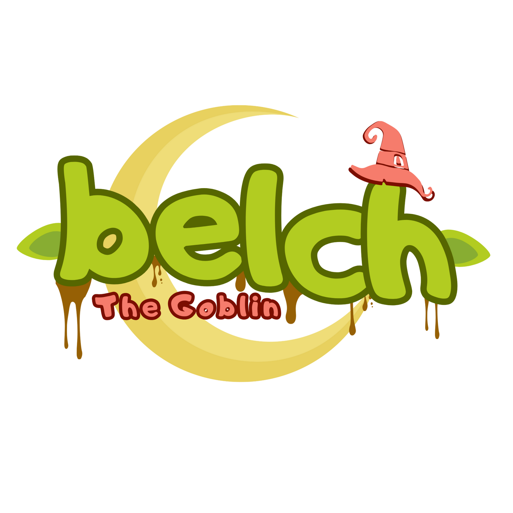 This is the logo for Belch the Goblin, a VTuber. The logo consists of Belch's name in a bright green bubble font with two goblin ears sticking out of the sides. Brown mud is dripping from all of the letters and a pink witches hat sits atop the letter H in
